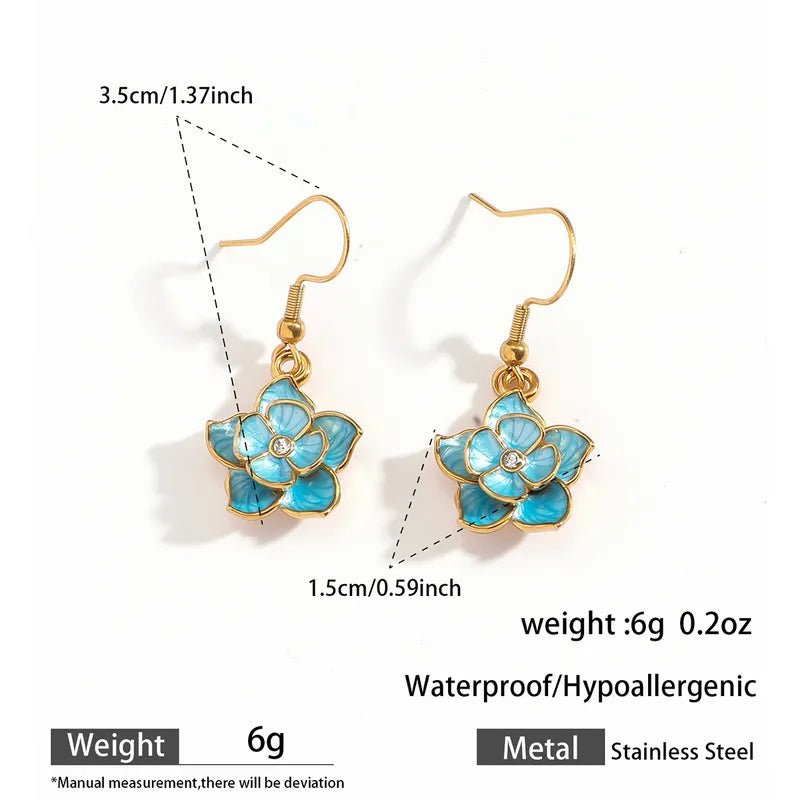 Blue Flower Waterproof Drop Earrings in Gold PLate - Louise's Jewellery Box