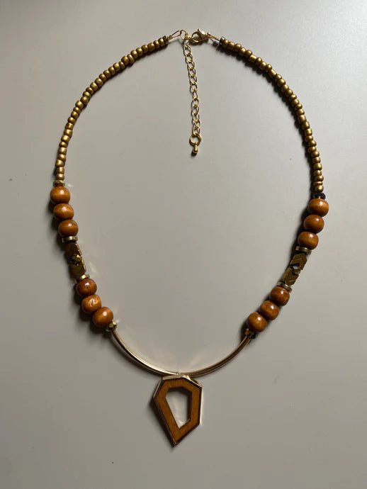 Brown Wood and Seed Bead Necklace in Gold Plate - Louise's Jewellery Box