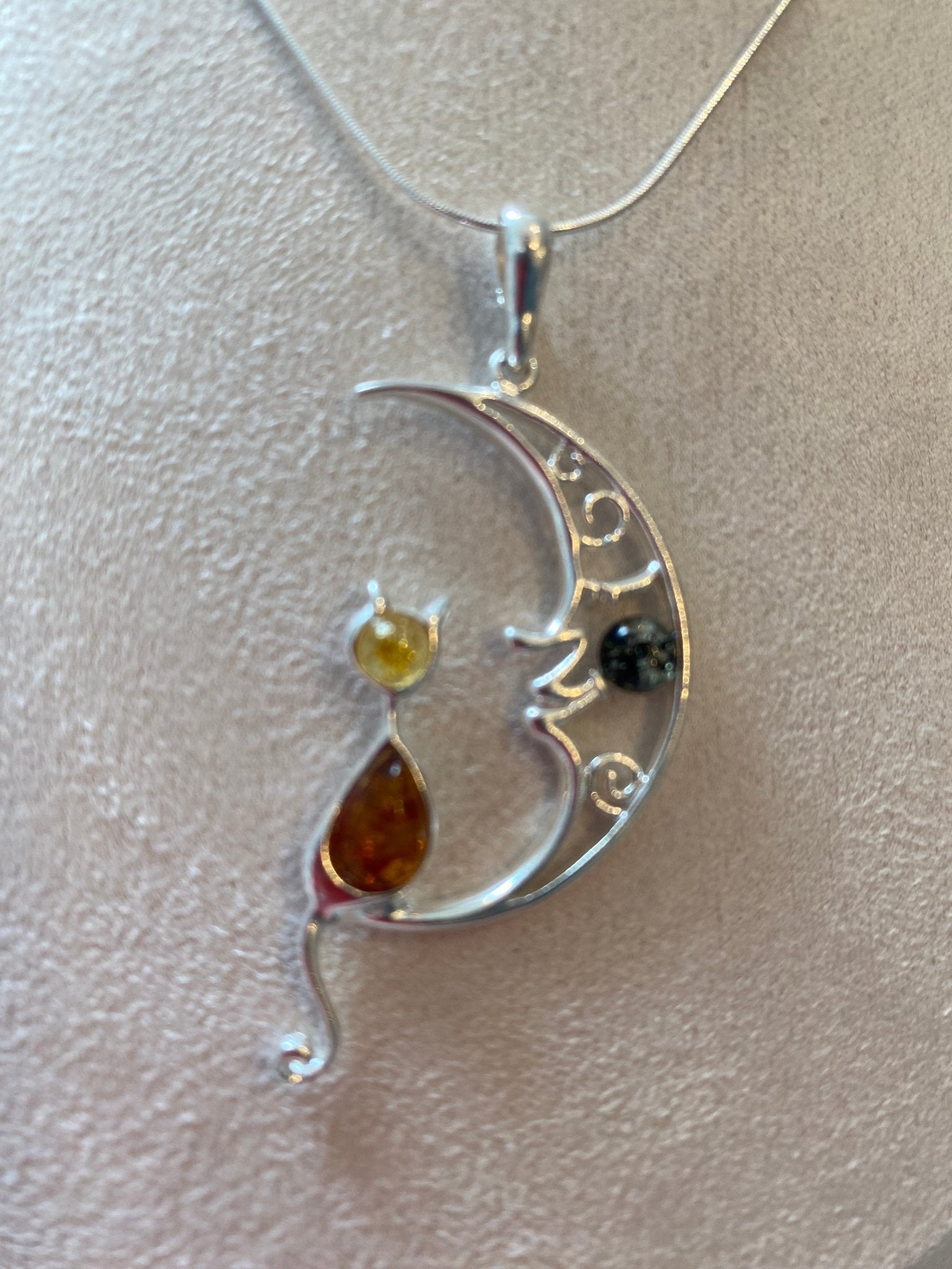 Cat on the Moon Pendant in Sterling Silver with Mixed Baltic Amber - Louise's Jewellery Box