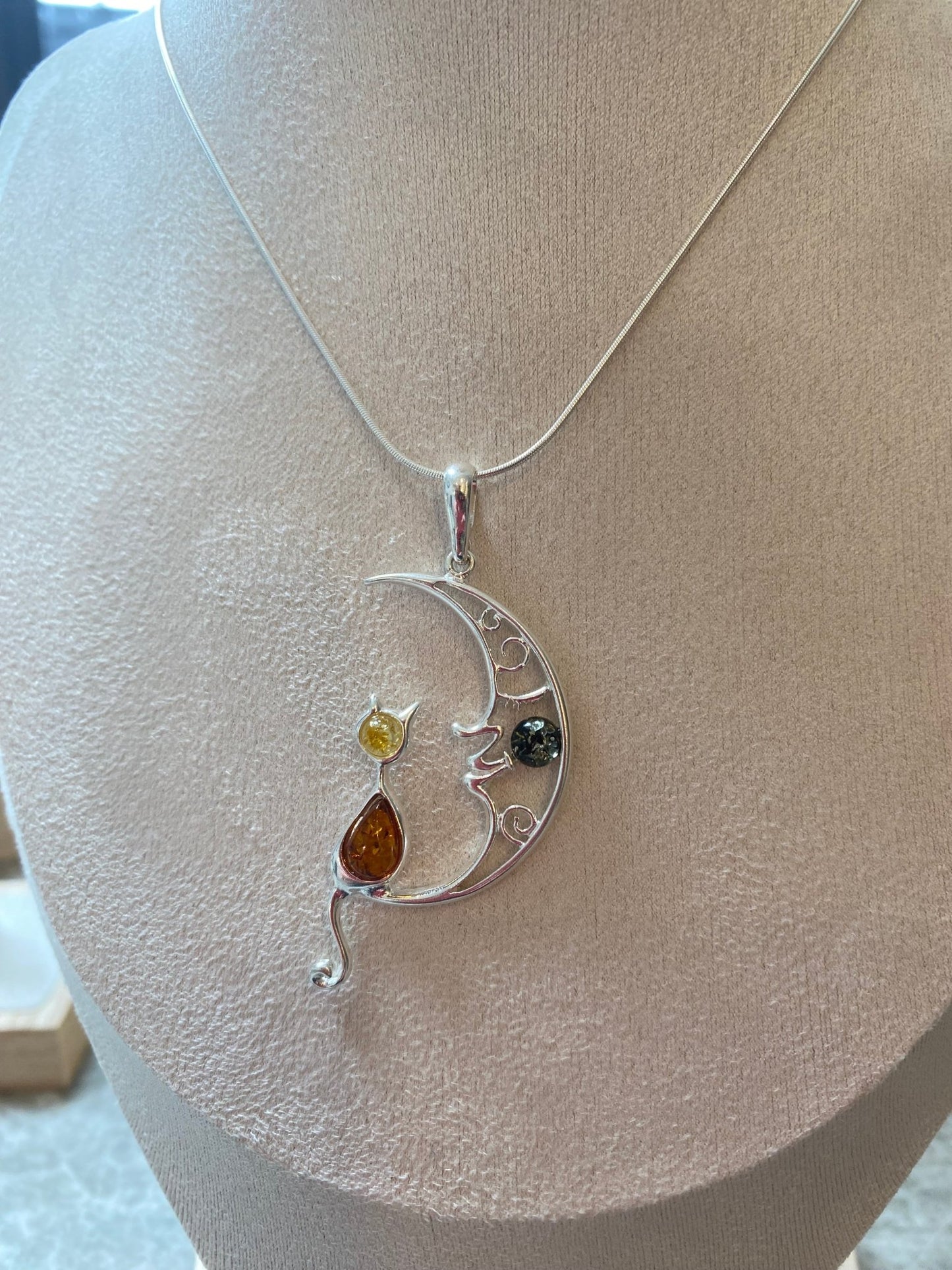 Cat on the Moon Pendant in Sterling Silver with Mixed Baltic Amber - Louise's Jewellery Box