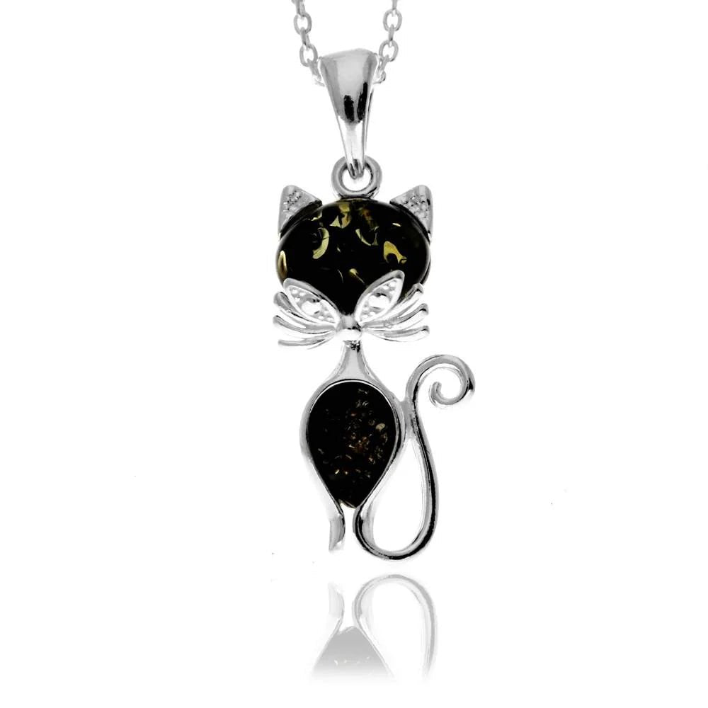 Cat Pendant in Sterling Silver with Green Baltic Amber - Louise's Jewellery Box