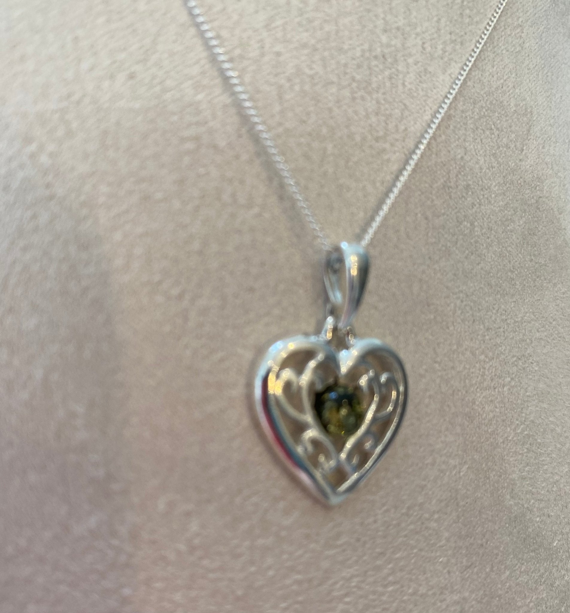 Celtic Heart Pendant in Sterling Silver with Green Baltic Amber - Louise's Jewellery Box
