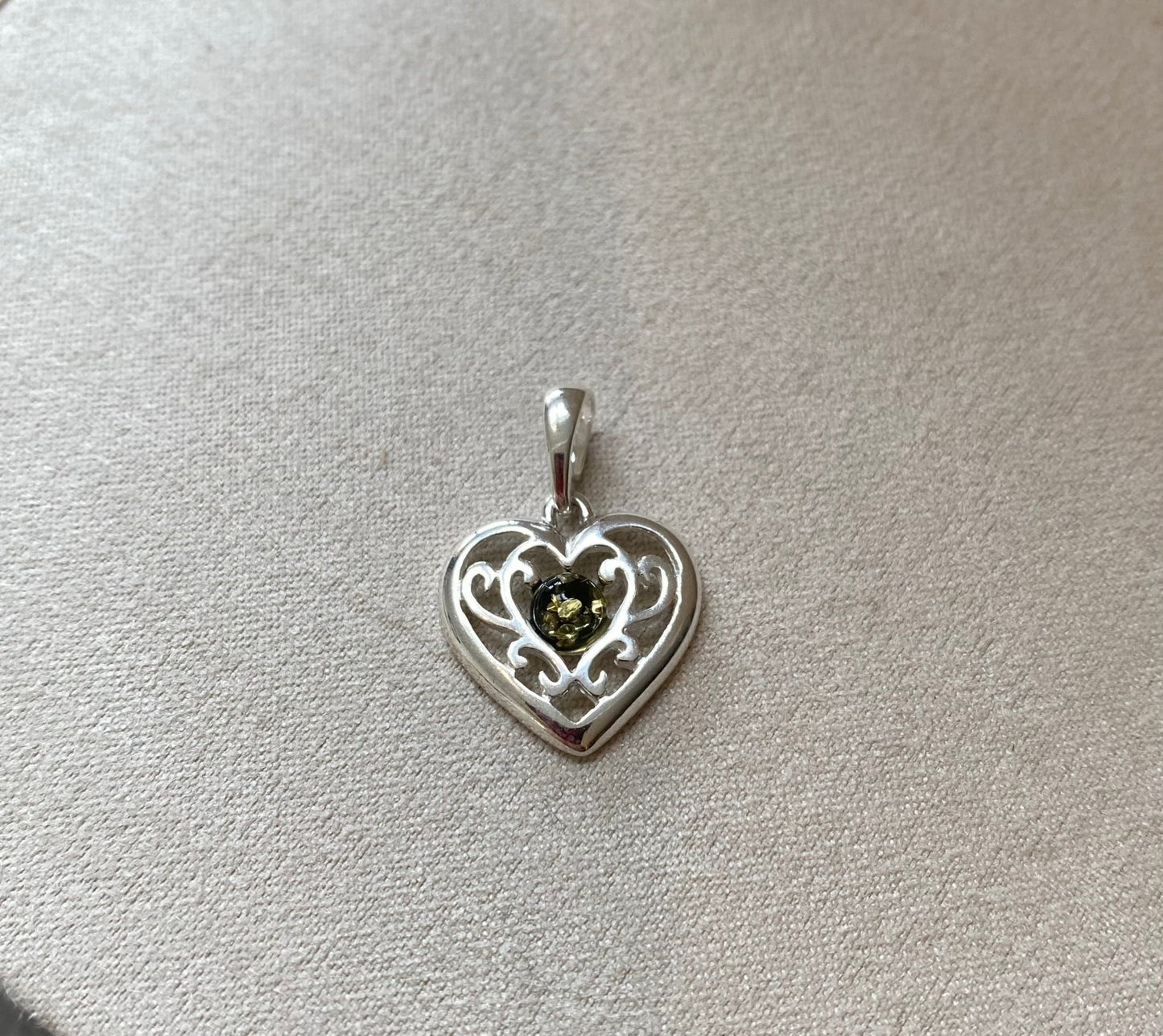 Celtic Heart Pendant in Sterling Silver with Green Baltic Amber - Louise's Jewellery Box