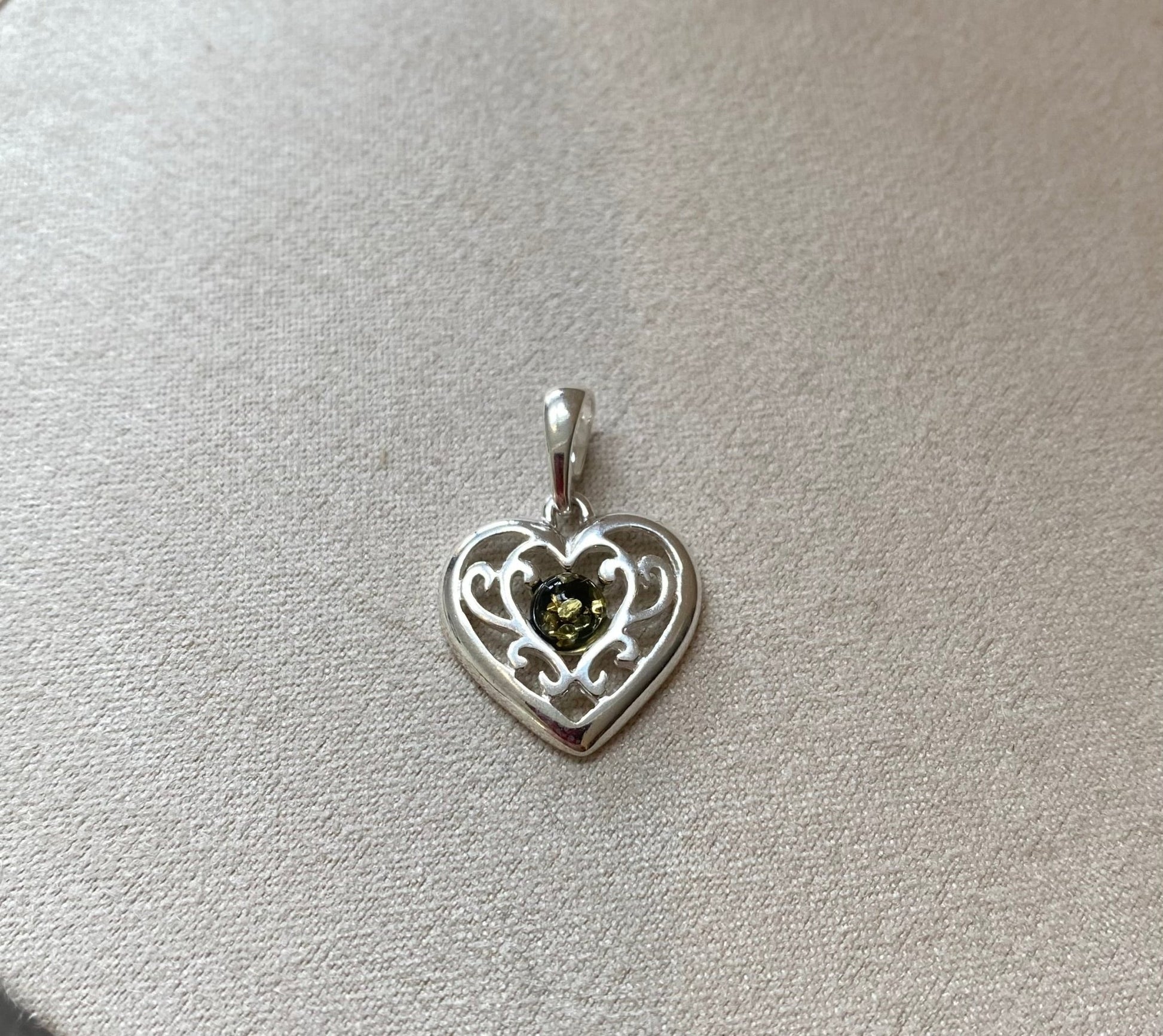 Celtic Heart Pendant in Sterling Silver with Green Baltic Amber - Louise's Jewellery Box