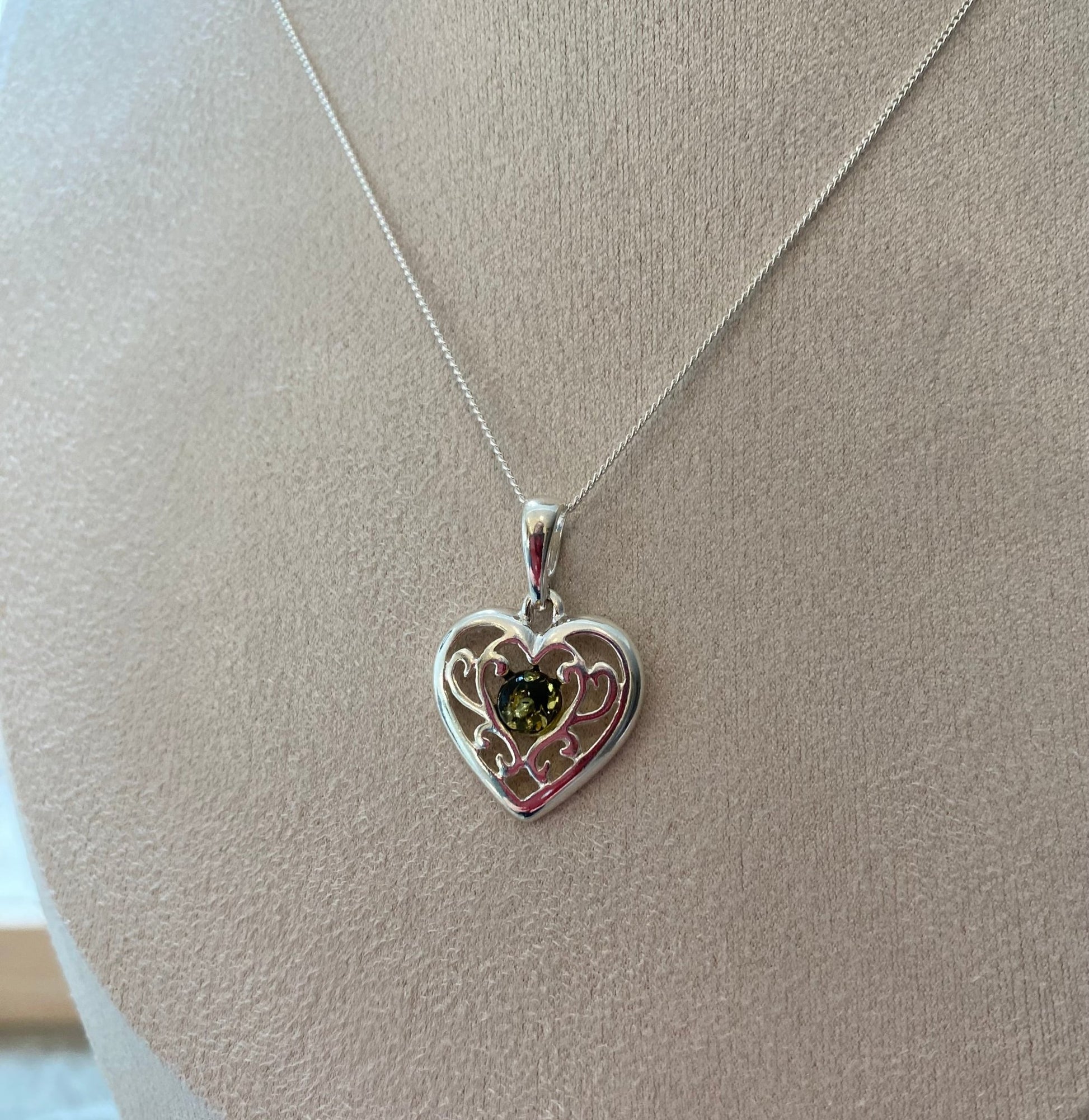 Celtic Heart Pendant in Sterling Silver with Green Baltic Amber - Louise's Jewellery Box