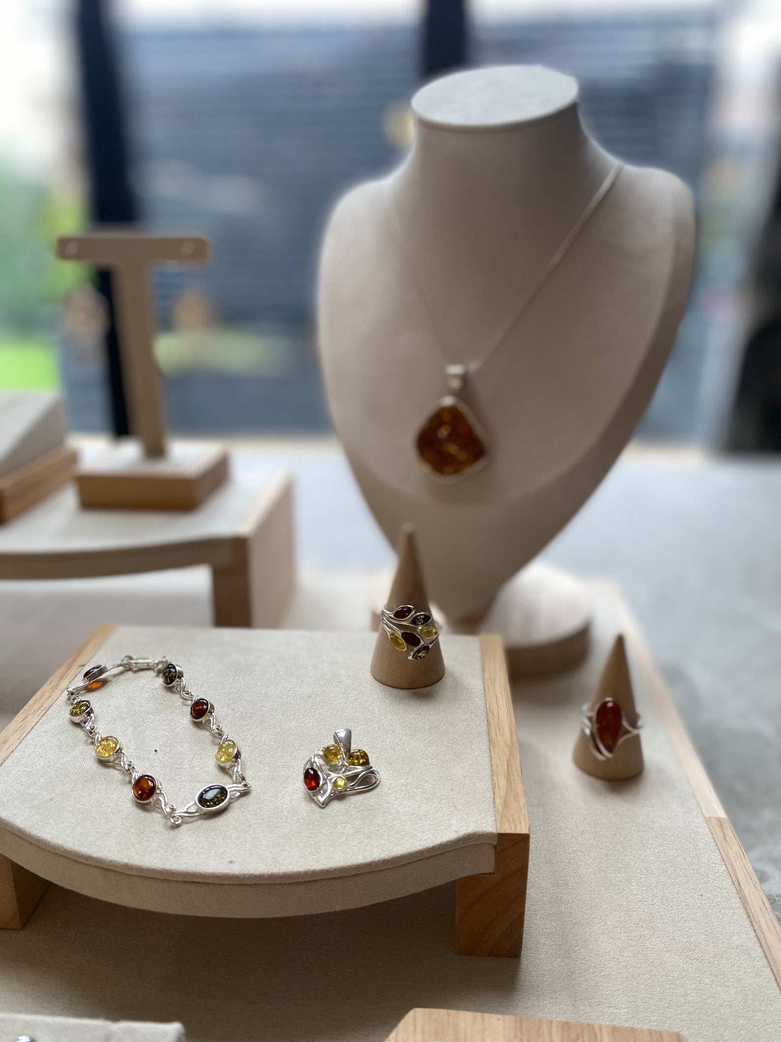 Celtic Inspired Link Bracelet in Sterling Silver with Mixed Baltic Amber Stones - Louise's Jewellery Box