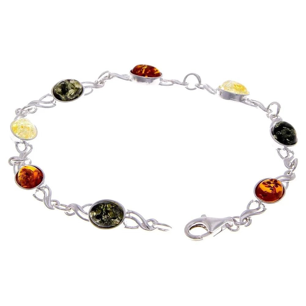Celtic Inspired Link Bracelet in Sterling Silver with Mixed Baltic Amber Stones - Louise's Jewellery Box