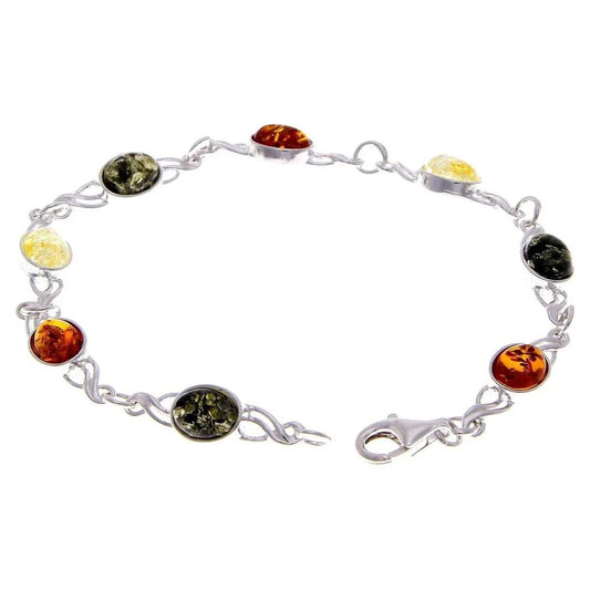 Celtic Inspired Link Bracelet in Sterling Silver with Mixed Baltic Amber Stones - Louise's Jewellery Box