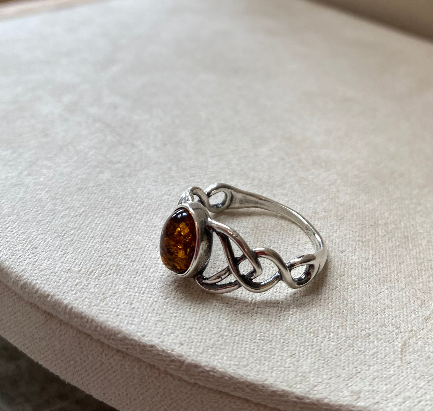 Celtic Ring in Sterling Silver and Cognac Baltic Amber - Louise's Jewellery Box