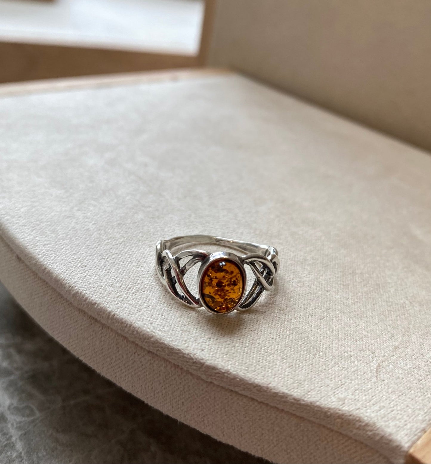 Celtic Ring in Sterling Silver and Cognac Baltic Amber - Louise's Jewellery Box
