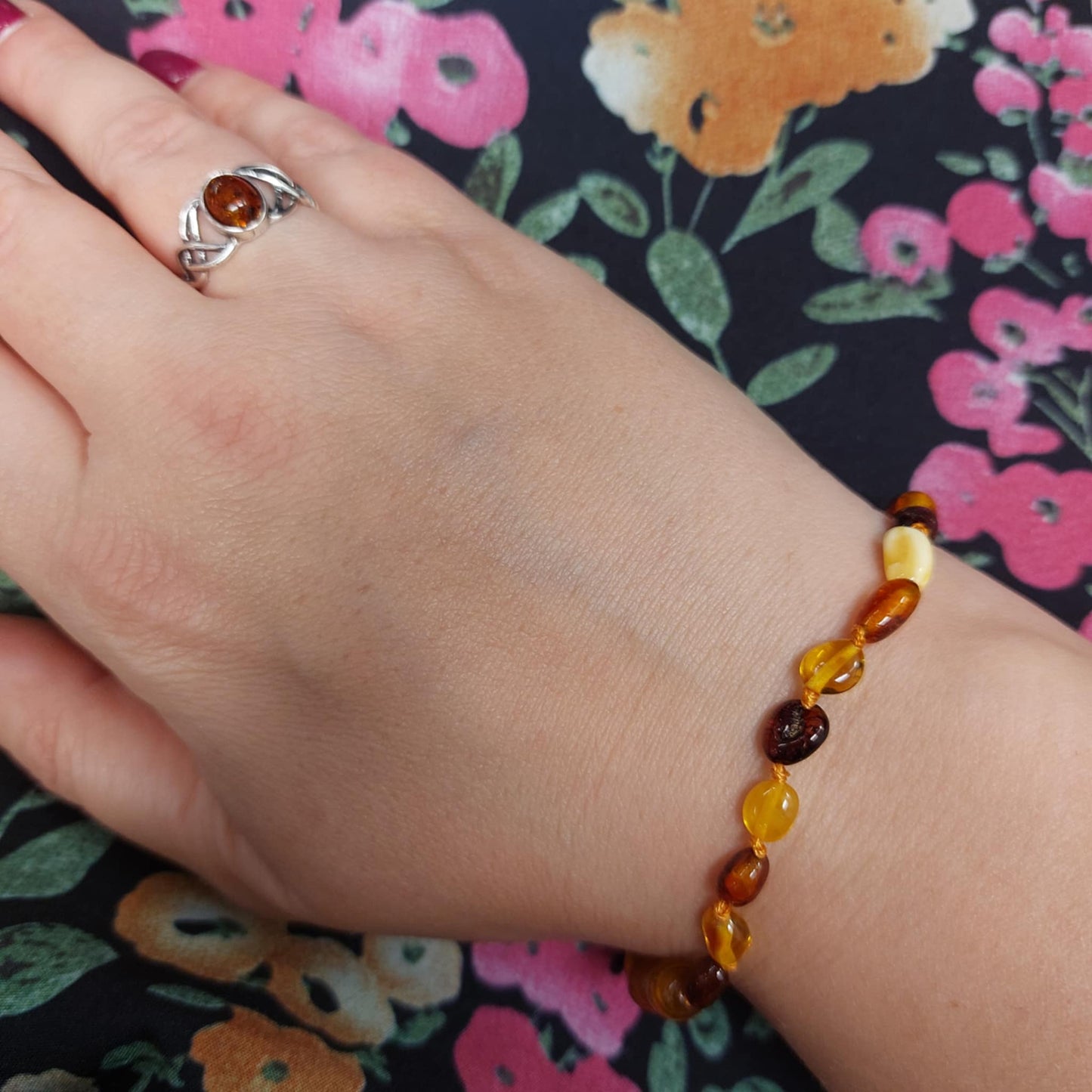 Celtic Ring in Sterling Silver and Cognac Baltic Amber - Louise's Jewellery Box