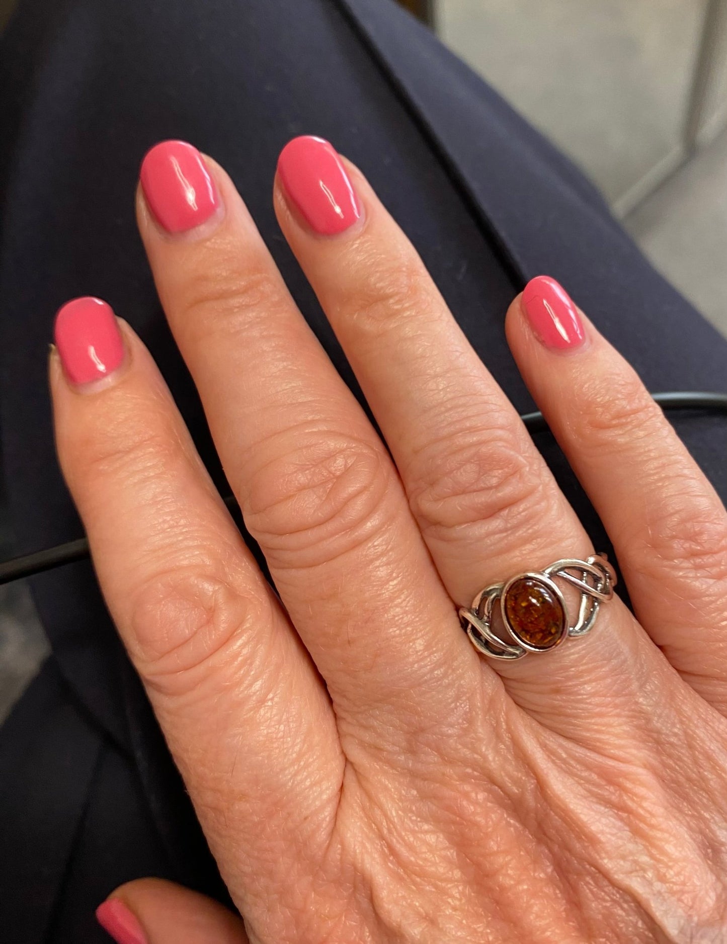 Celtic Ring in Sterling Silver and Cognac Baltic Amber - Louise's Jewellery Box
