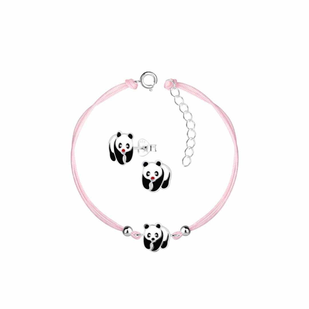 Children's Sterling Silver Panda Stud Earrings and Pink Cord Bracelet Set - Louise's Jewellery Box