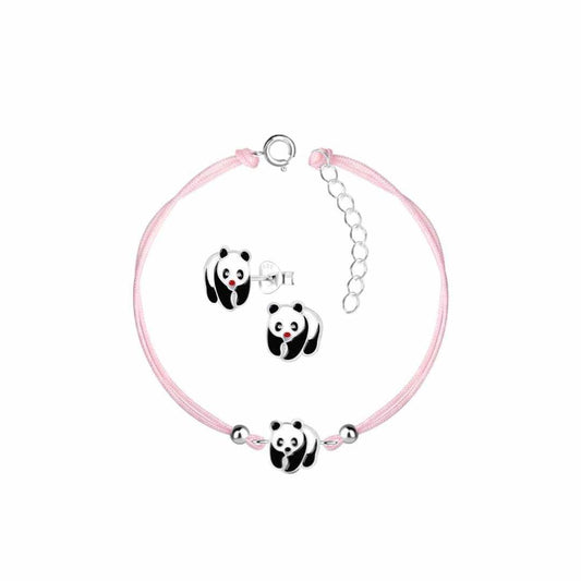 Children's Sterling Silver Panda Stud Earrings and Pink Cord Bracelet Set - Louise's Jewellery Box