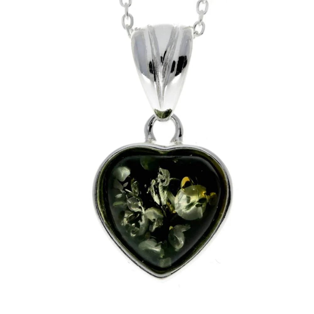 Classic Heart Pendant in Sterling Silver with Green Baltic Amber - Louise's Jewellery Box