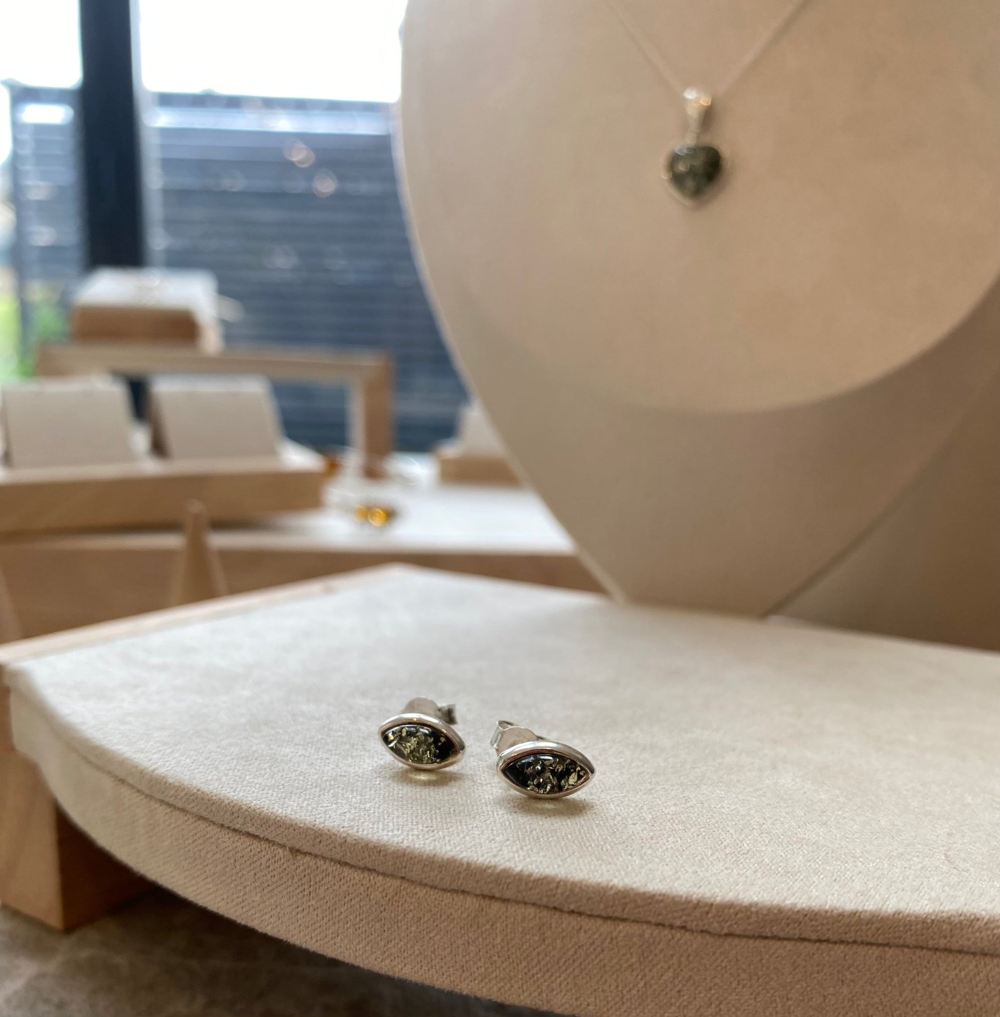 Classic Heart Pendant in Sterling Silver with Green Baltic Amber - Louise's Jewellery Box