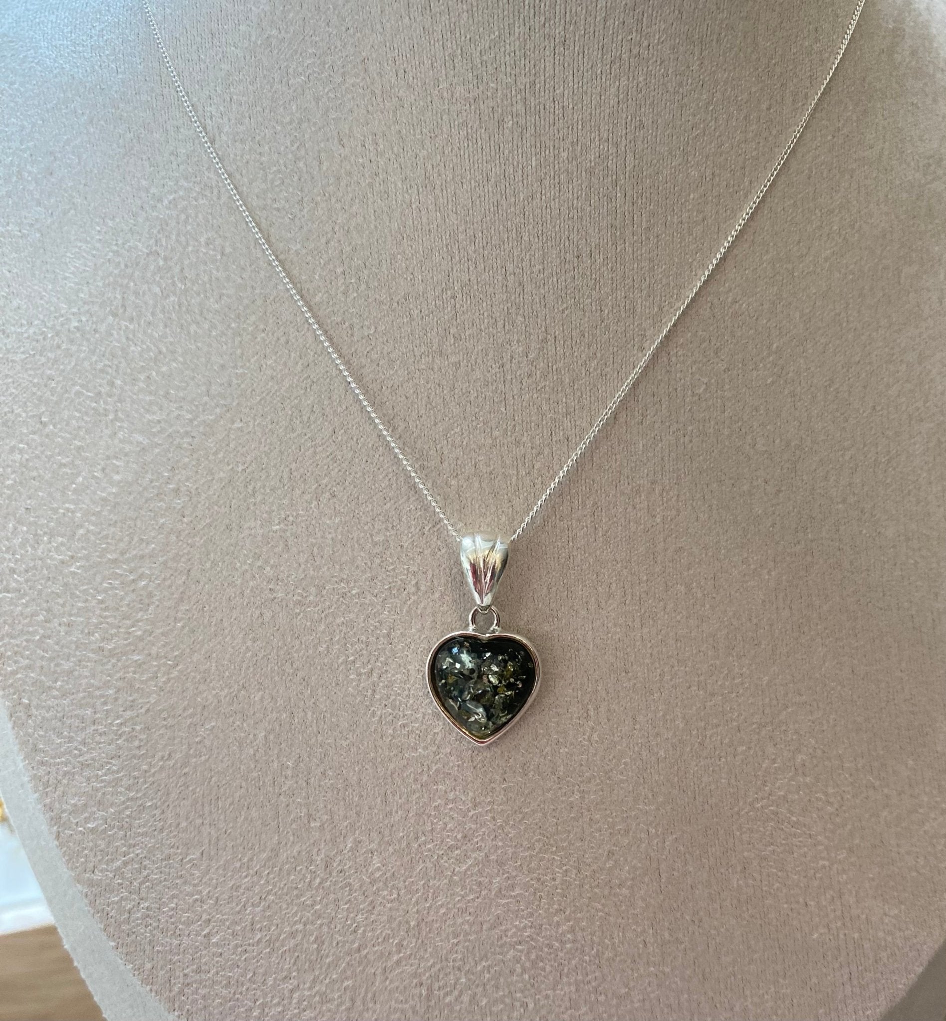 Classic Heart Pendant in Sterling Silver with Green Baltic Amber - Louise's Jewellery Box
