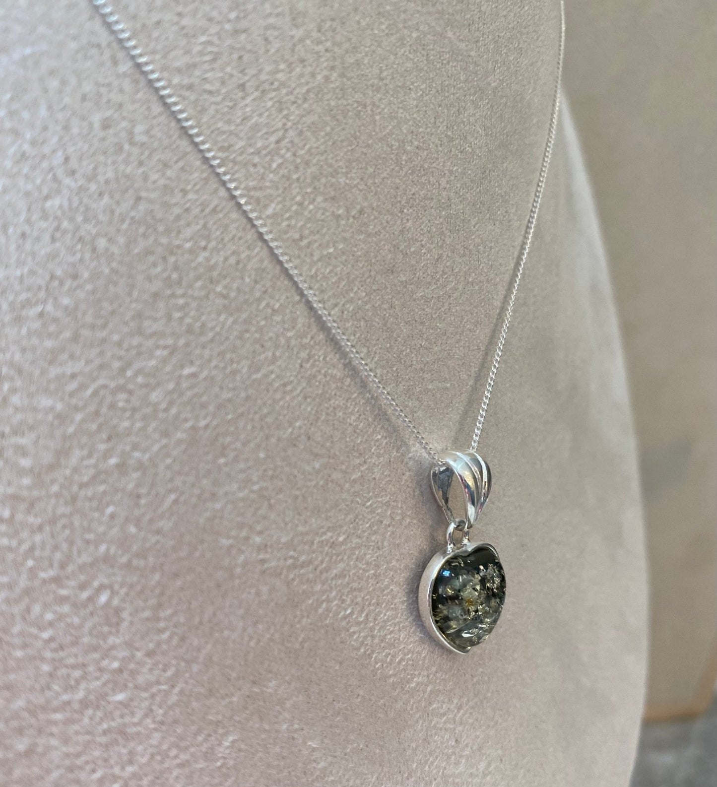 Classic Heart Pendant in Sterling Silver with Green Baltic Amber - Louise's Jewellery Box
