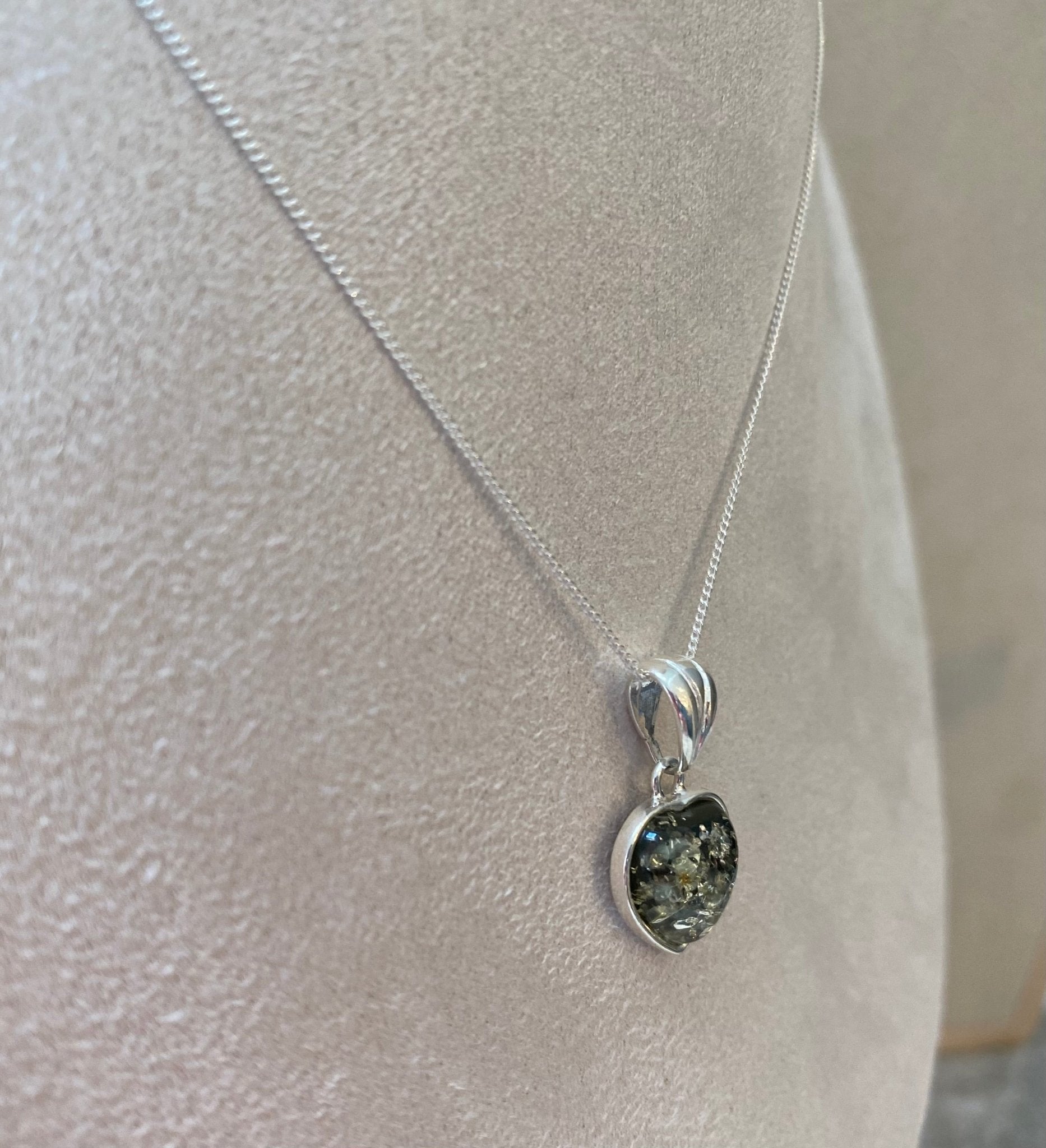 Classic Heart Pendant in Sterling Silver with Green Baltic Amber - Louise's Jewellery Box