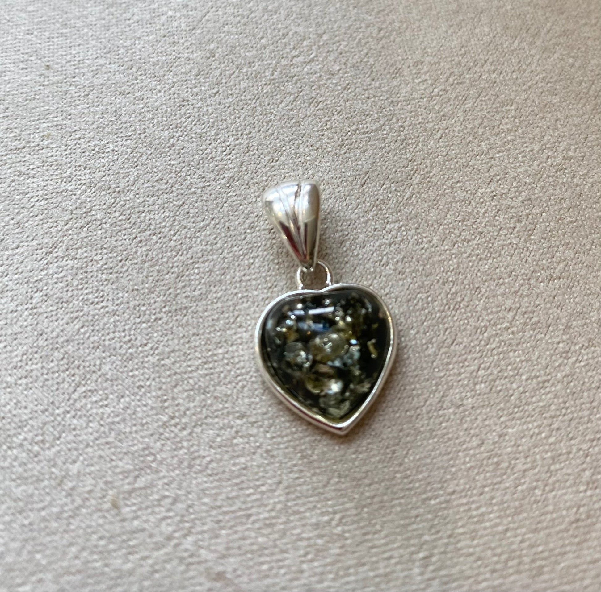Classic Heart Pendant in Sterling Silver with Green Baltic Amber - Louise's Jewellery Box