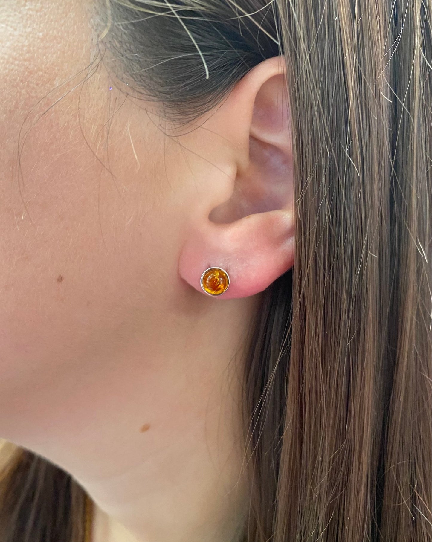 Classic Round Stud Earrings in Sterling Silver and Cognac Baltic Amber - Louise's Jewellery Box