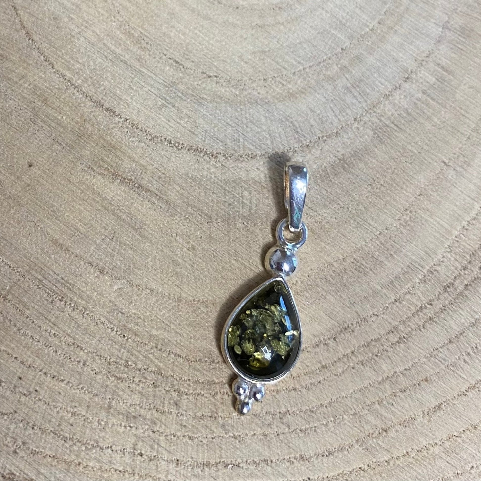 Classic Teardrop Pendant in Sterling Silver with Green Baltic Amber - Louise's Jewellery Box