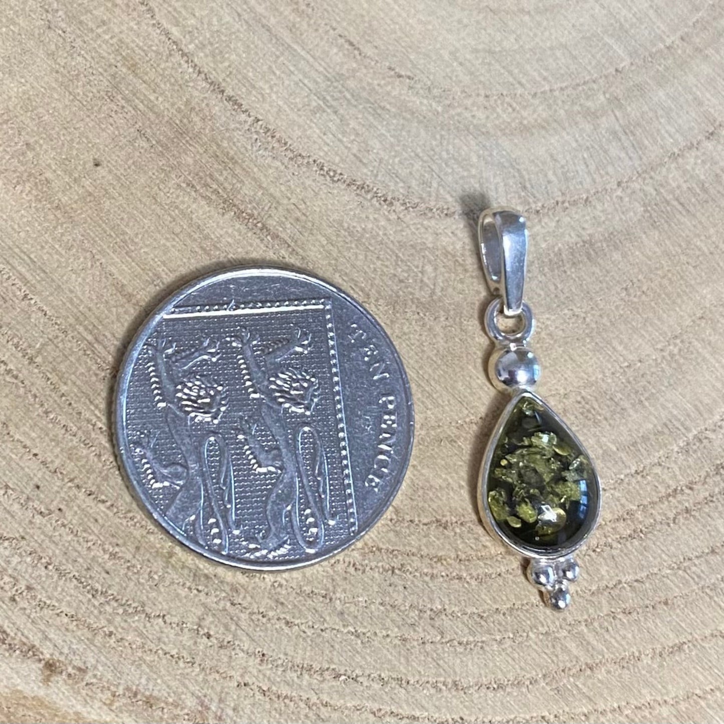 Classic Teardrop Pendant in Sterling Silver with Green Baltic Amber - Louise's Jewellery Box