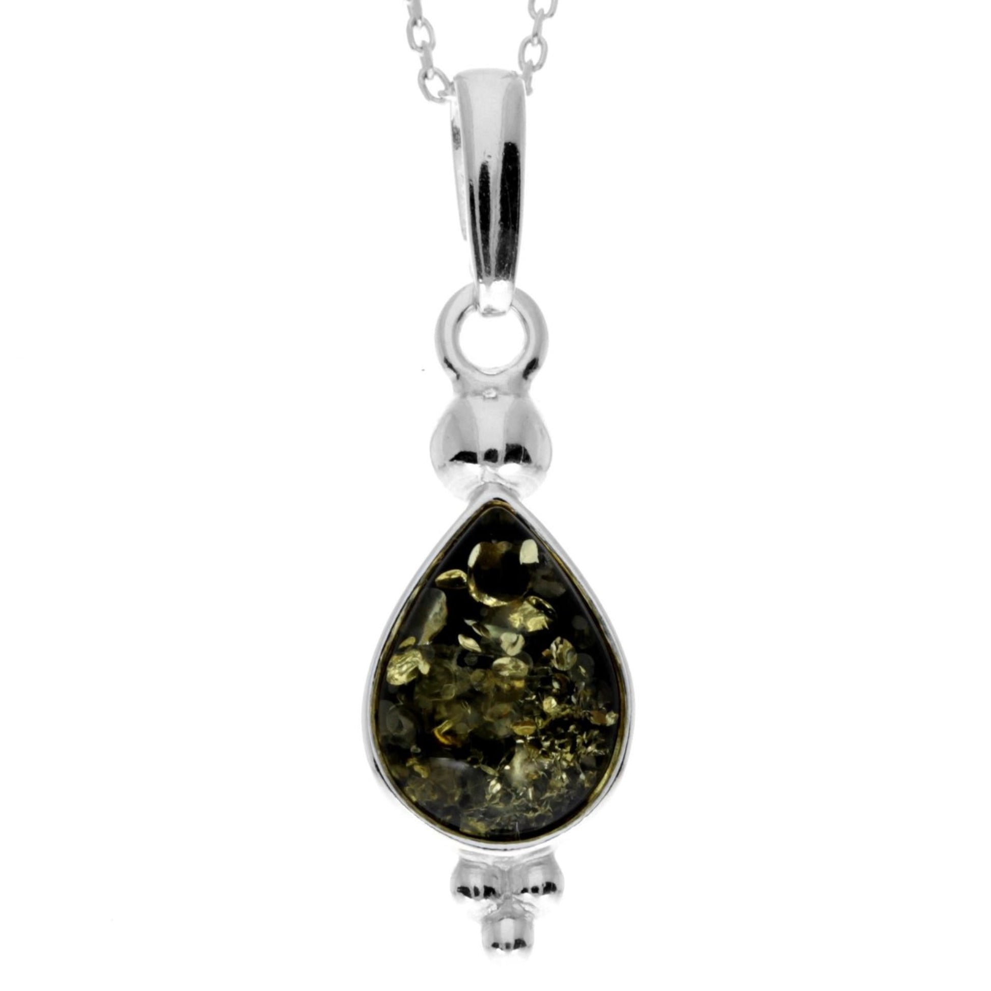 Green Baltic amber teardrop pendant in sterling silver frame

