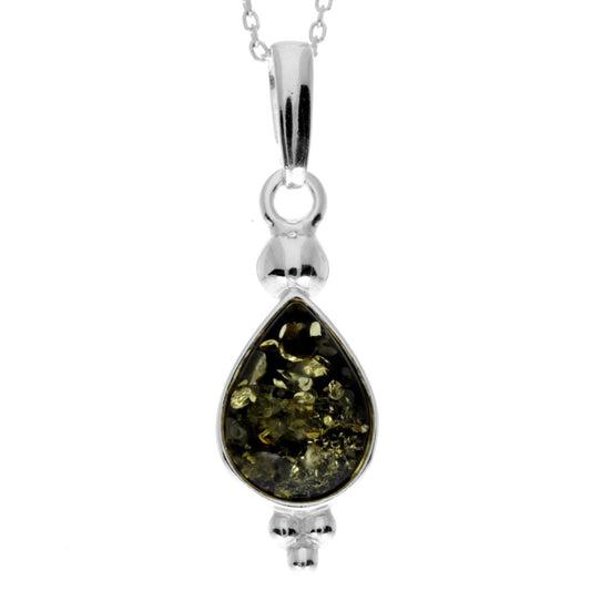 Green Baltic amber teardrop pendant in sterling silver frame

