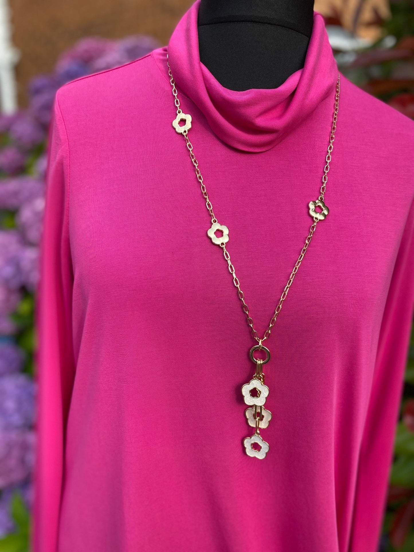 Daisy Chain White Enamel Long Necklace in Gold Plate - Louise's Jewellery Box