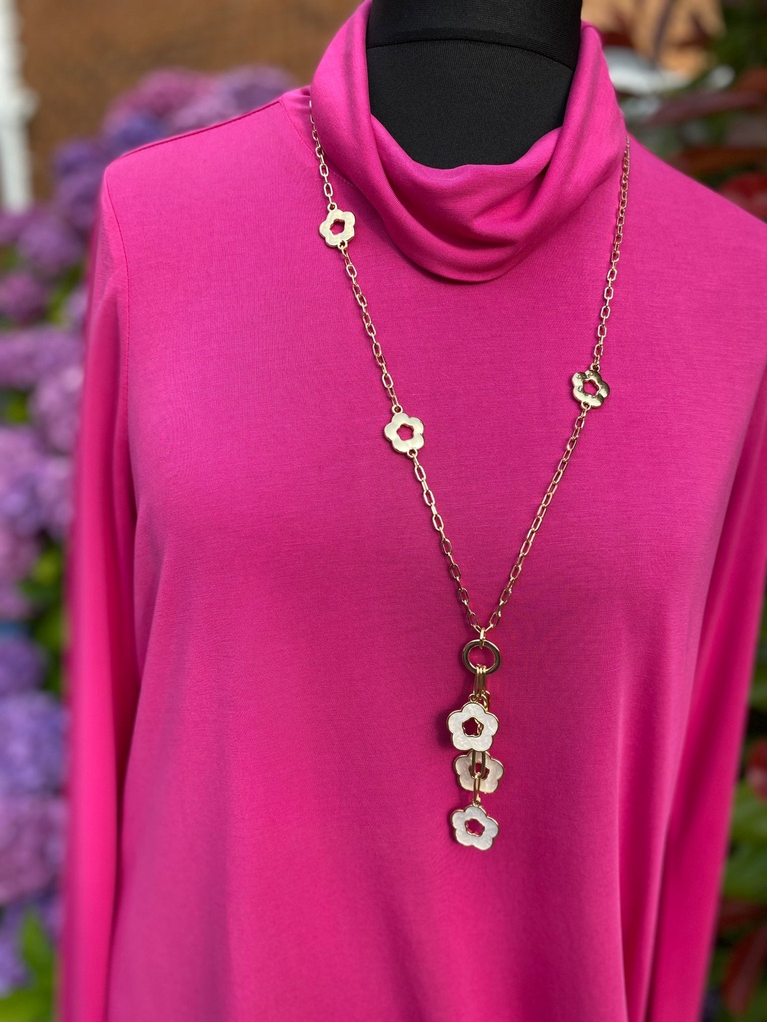 Daisy Chain White Enamel Long Necklace in Gold Plate - Louise's Jewellery Box