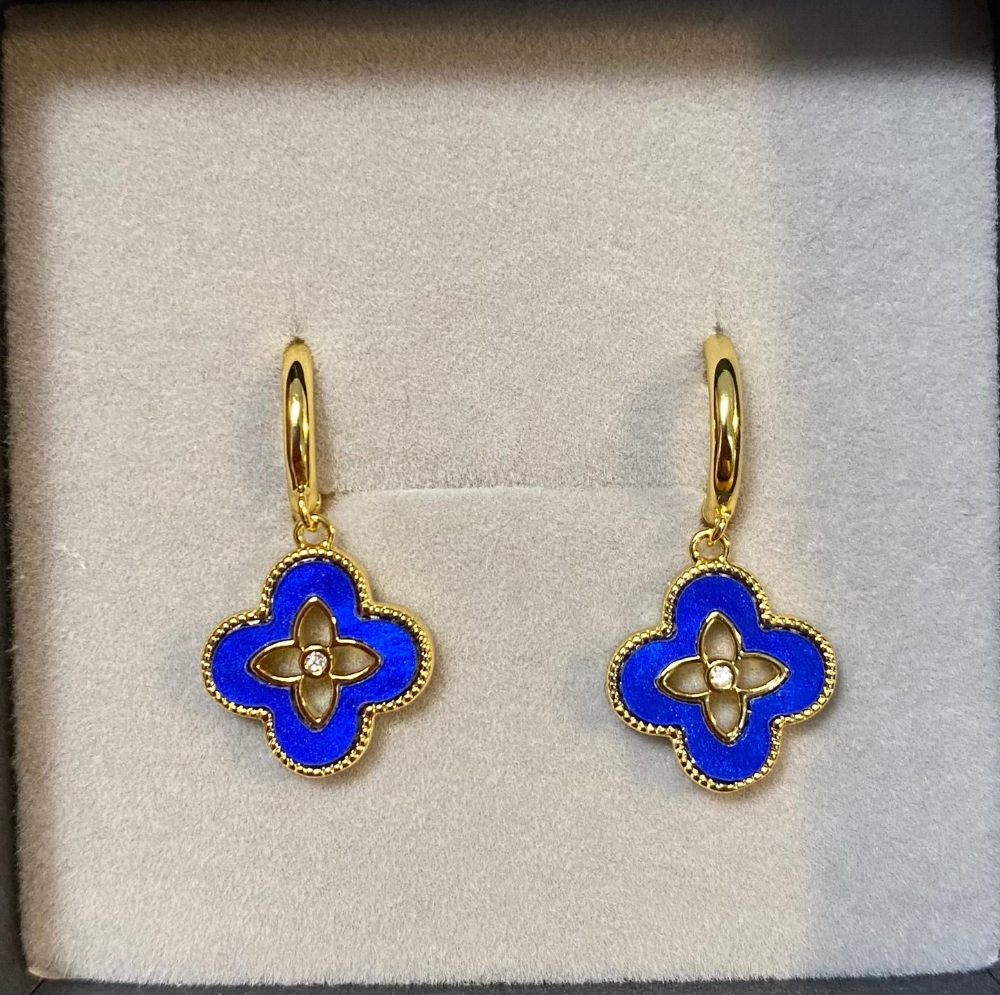 Designer Inspired Blue Clover Gold Plated Earrings - Louise's Jewellery Box