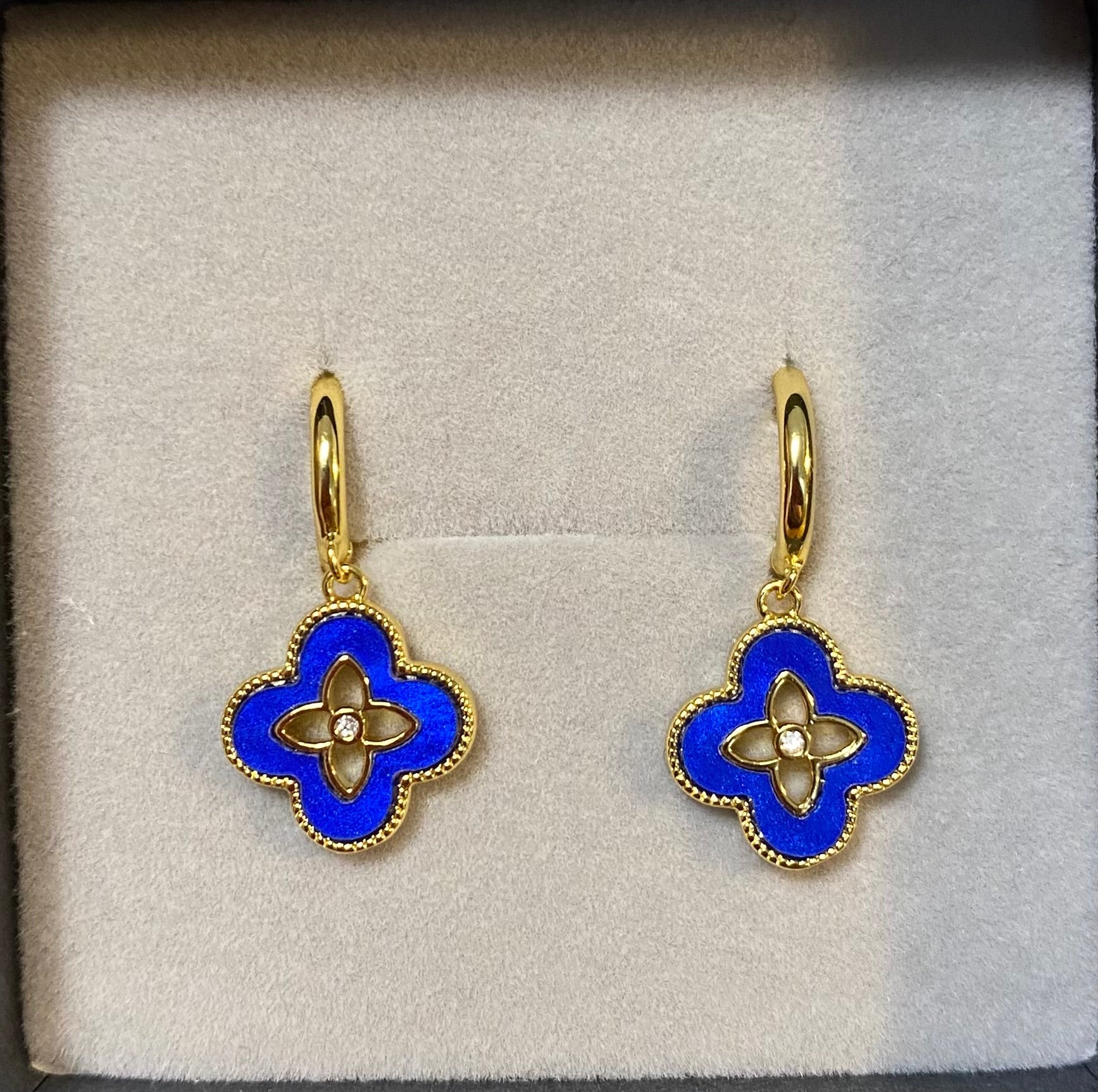 Designer Inspired Blue Clover Gold Plated Earrings - Louise's Jewellery Box