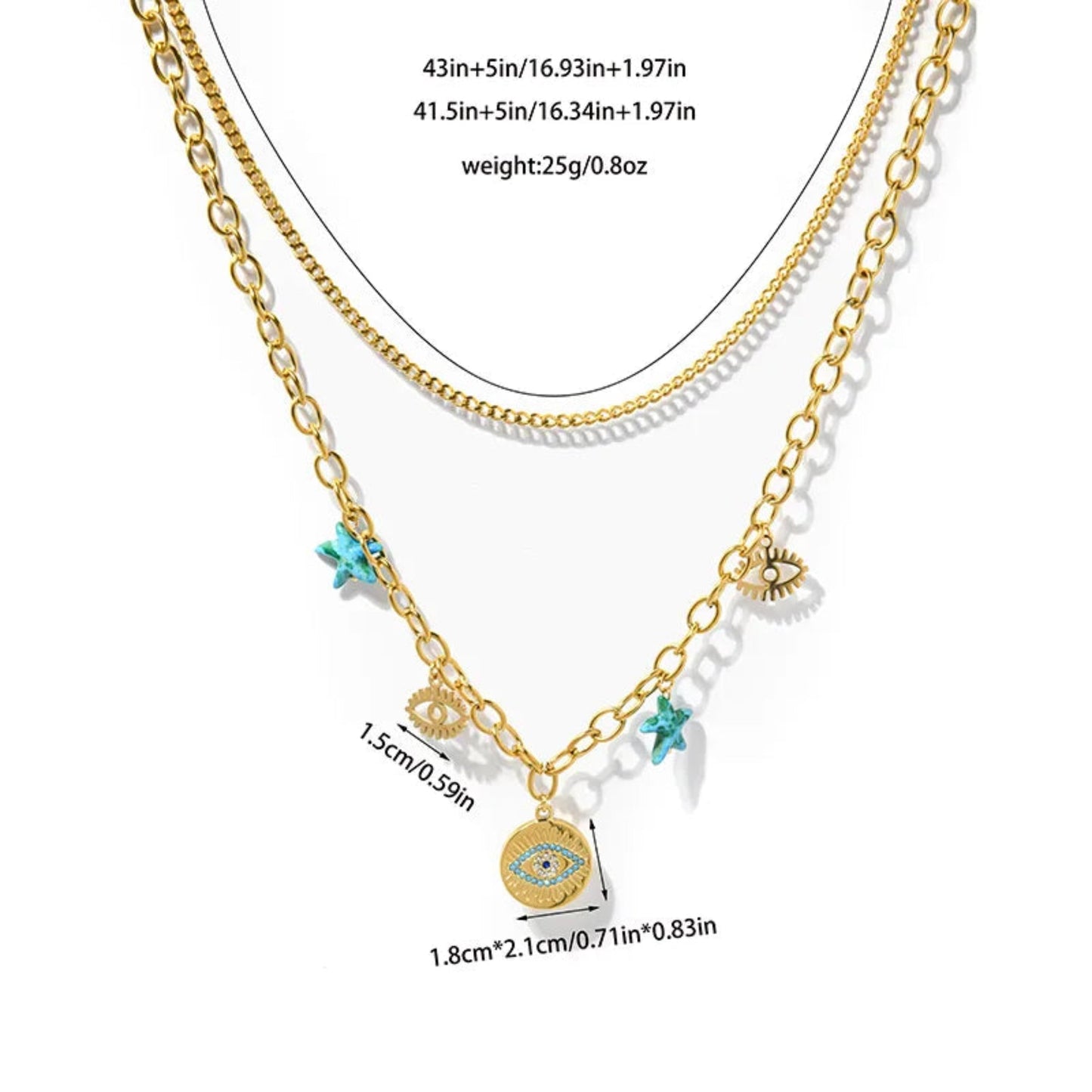 Double layer Waterproof Turquoise Charm Necklace in Gold Plate - Louise's Jewellery Box
