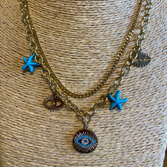 Double layer Waterproof Turquoise Charm Necklace in Gold Plate - Louise's Jewellery Box