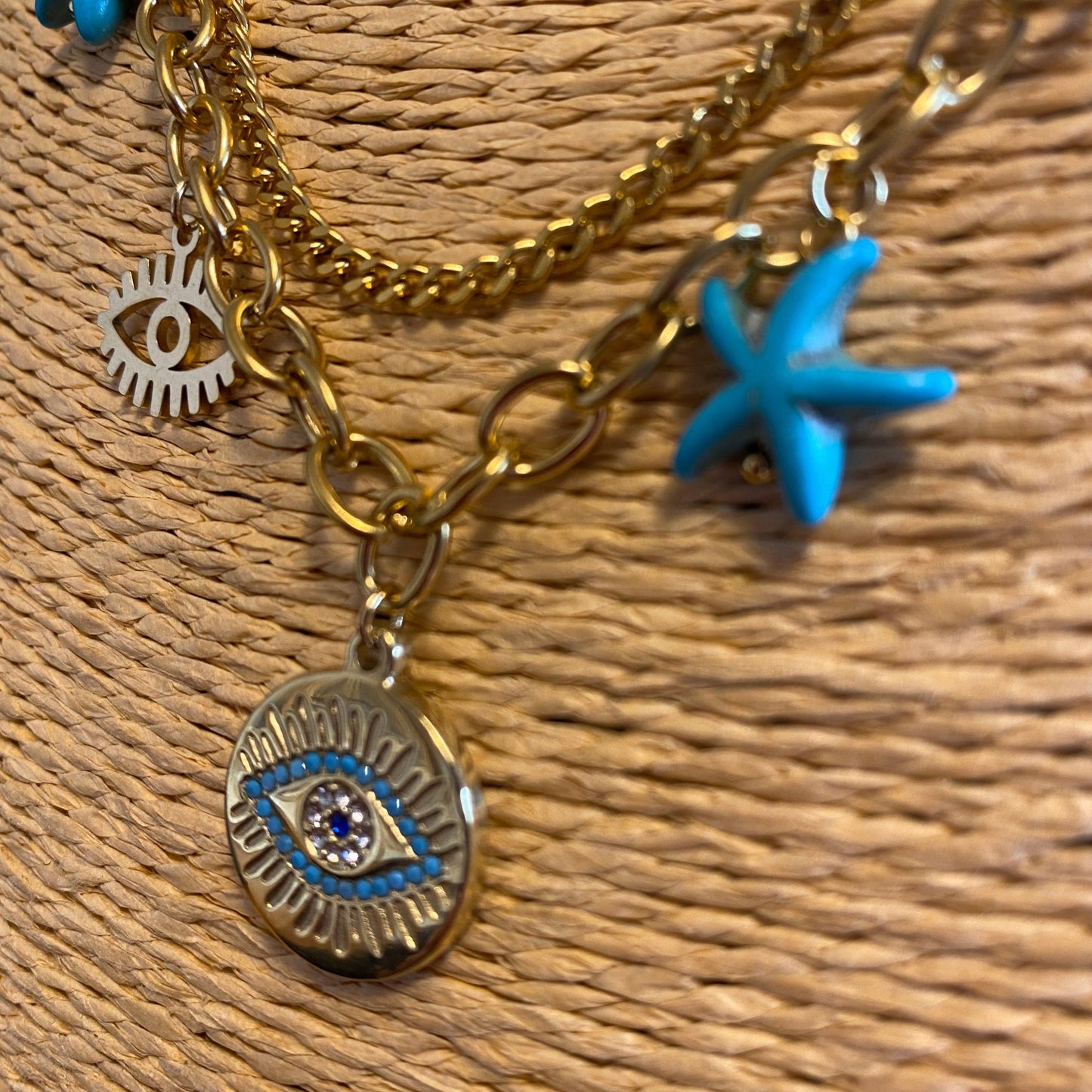 Double layer Waterproof Turquoise Charm Necklace in Gold Plate - Louise's Jewellery Box