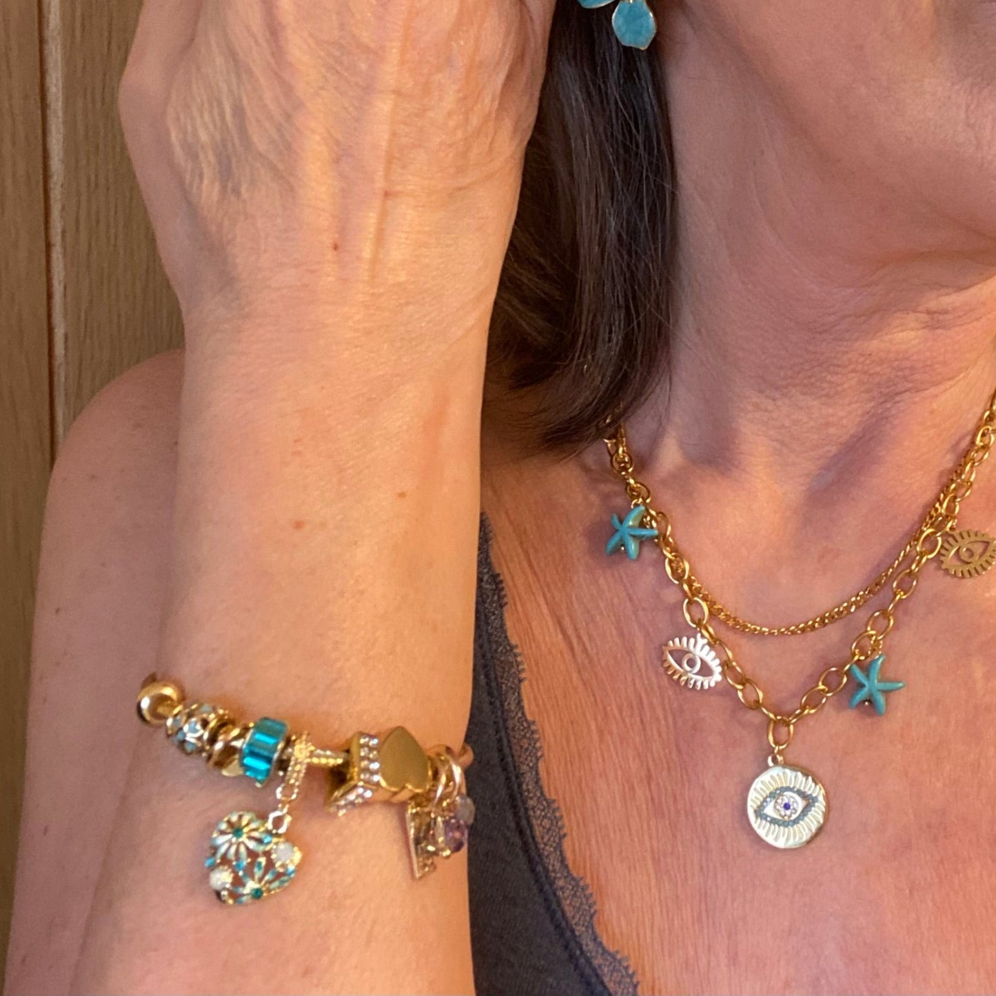 Double layer Waterproof Turquoise Charm Necklace in Gold Plate - Louise's Jewellery Box