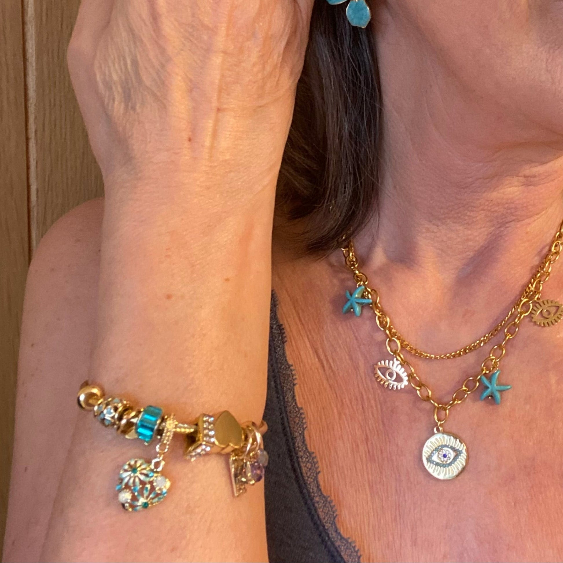 Double layer Waterproof Turquoise Charm Necklace in Gold Plate - Louise's Jewellery Box
