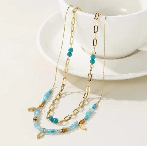 Turquoise and Gold Double Layer Waterproof Necklace