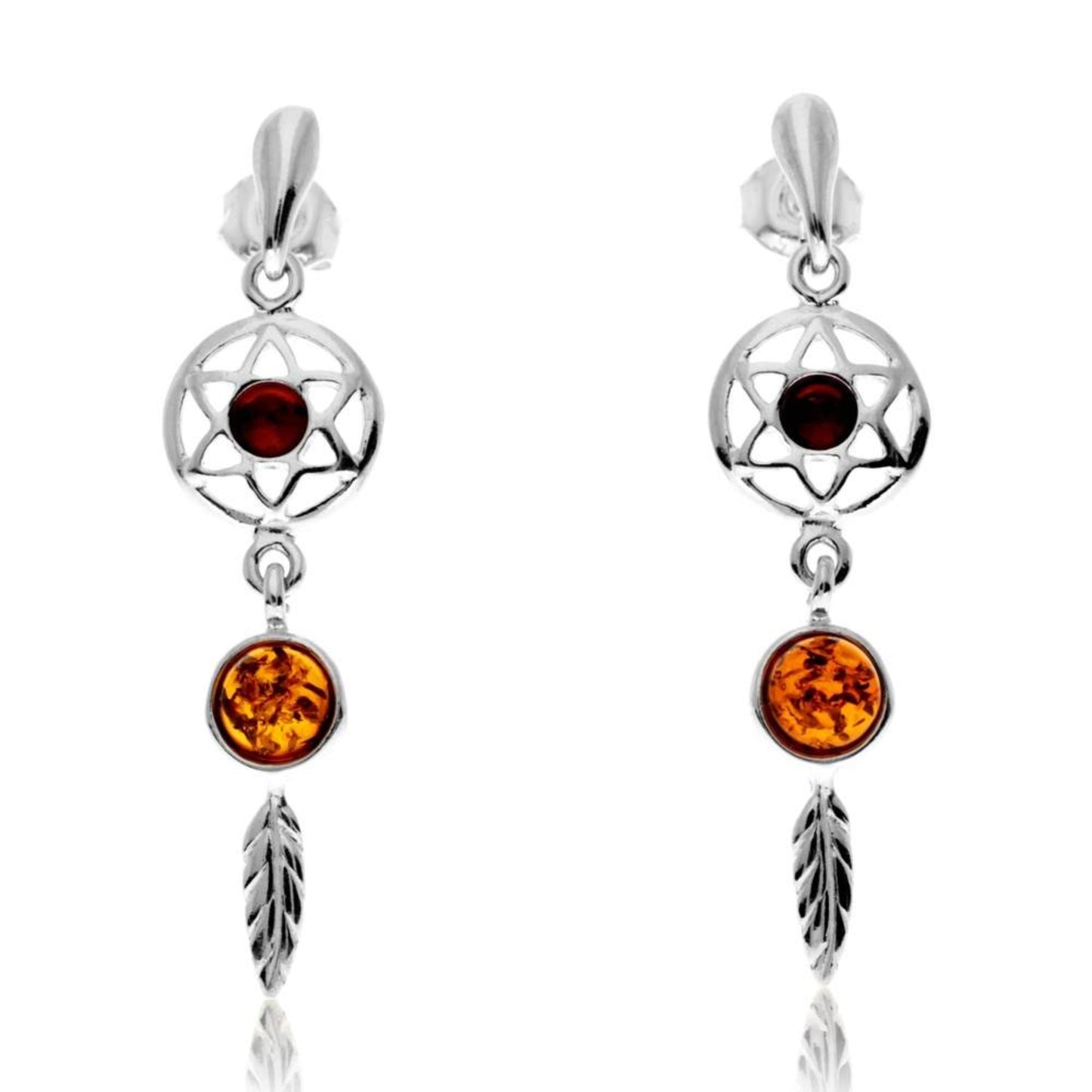 Sterling silver dreamcatcher earrings with cognac Baltic amber from Sterlina, featuring star and feather charms.