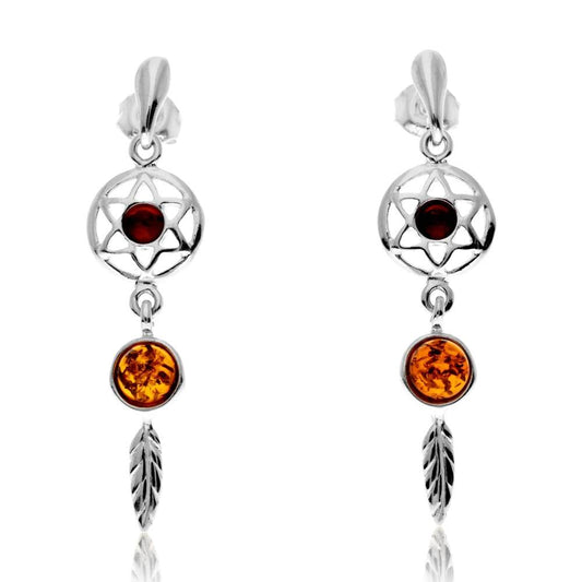 Dreamcatcher Earrings in Sterling Silver with Cognac Baltic Amber - Louise's Jewellery Box
