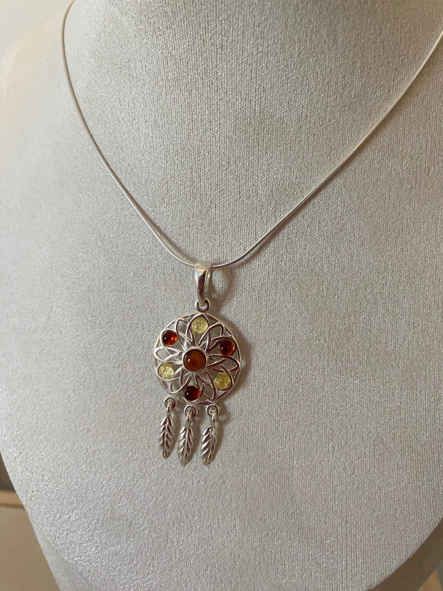 Dreamcatcher Pendant in Sterling Silver with Cognac and Lemon Baltic Amber Stones - Louise's Jewellery Box
