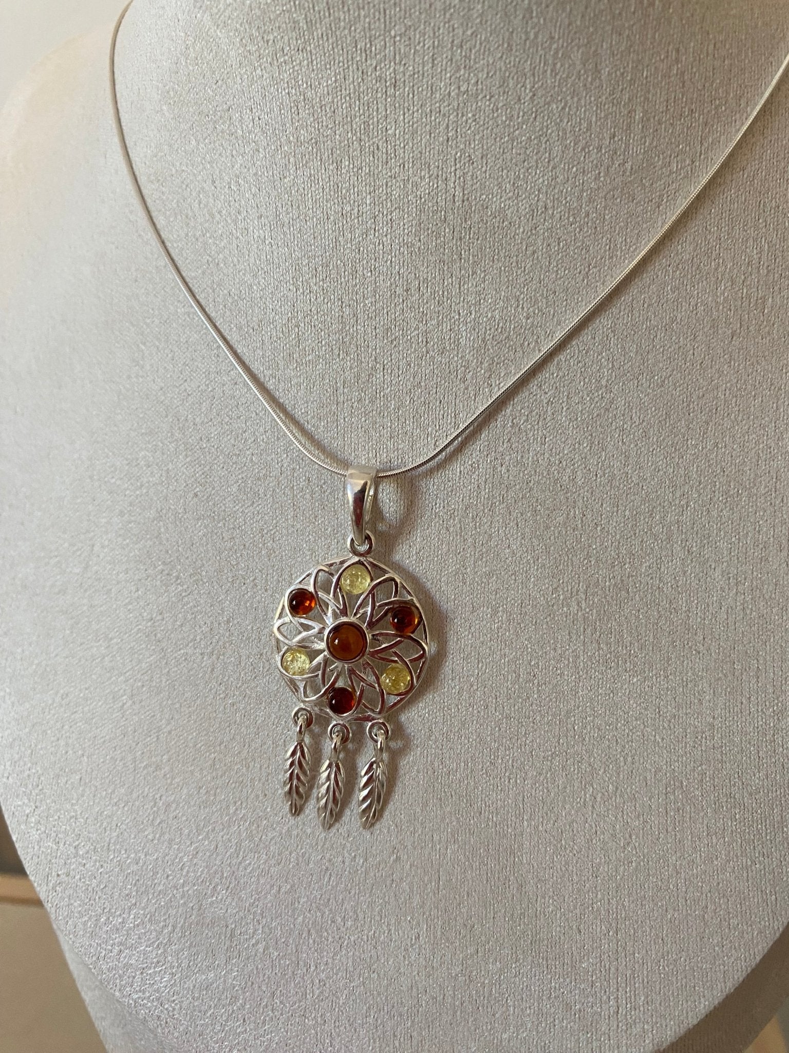 Dreamcatcher Pendant in Sterling Silver with Cognac and Lemon Baltic Amber Stones - Louise's Jewellery Box