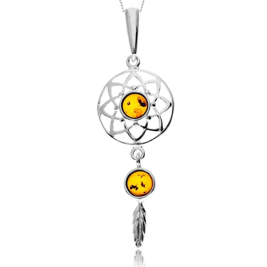 Dreamcatcher Pendant in Sterling Silver with Cognac Baltic Amber - Louise's Jewellery Box