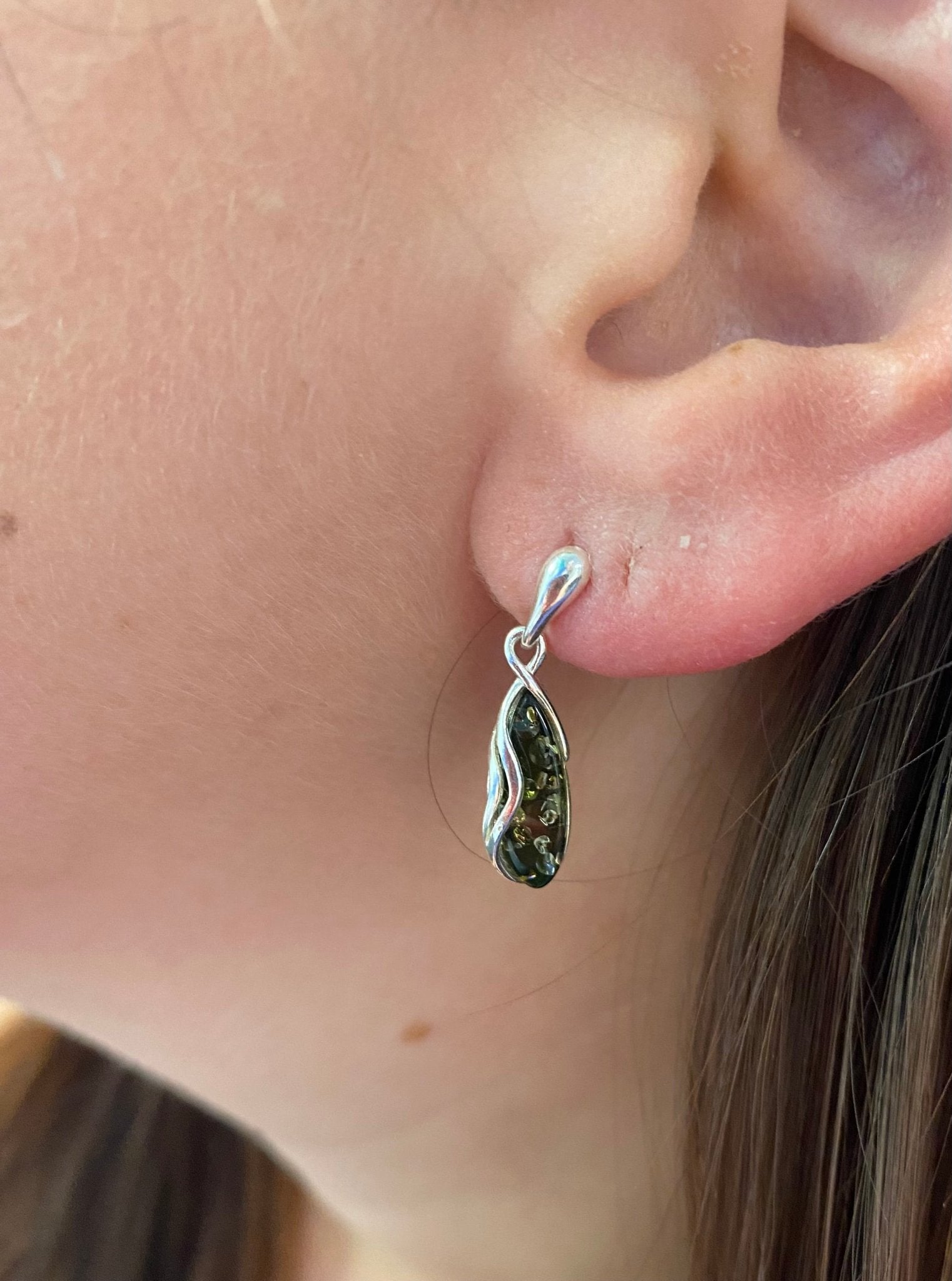 Drop Stud Earrings in Sterling Silver and Green Baltic Amber - Louise's Jewellery Box