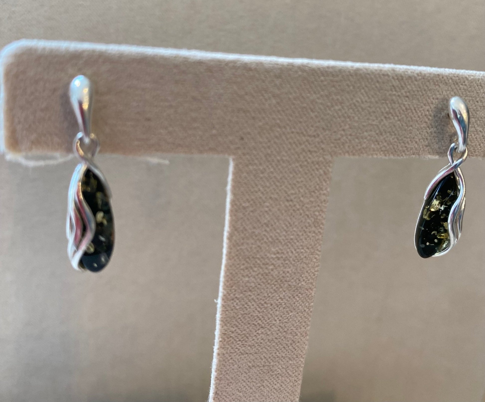Drop Stud Earrings in Sterling Silver and Green Baltic Amber - Louise's Jewellery Box