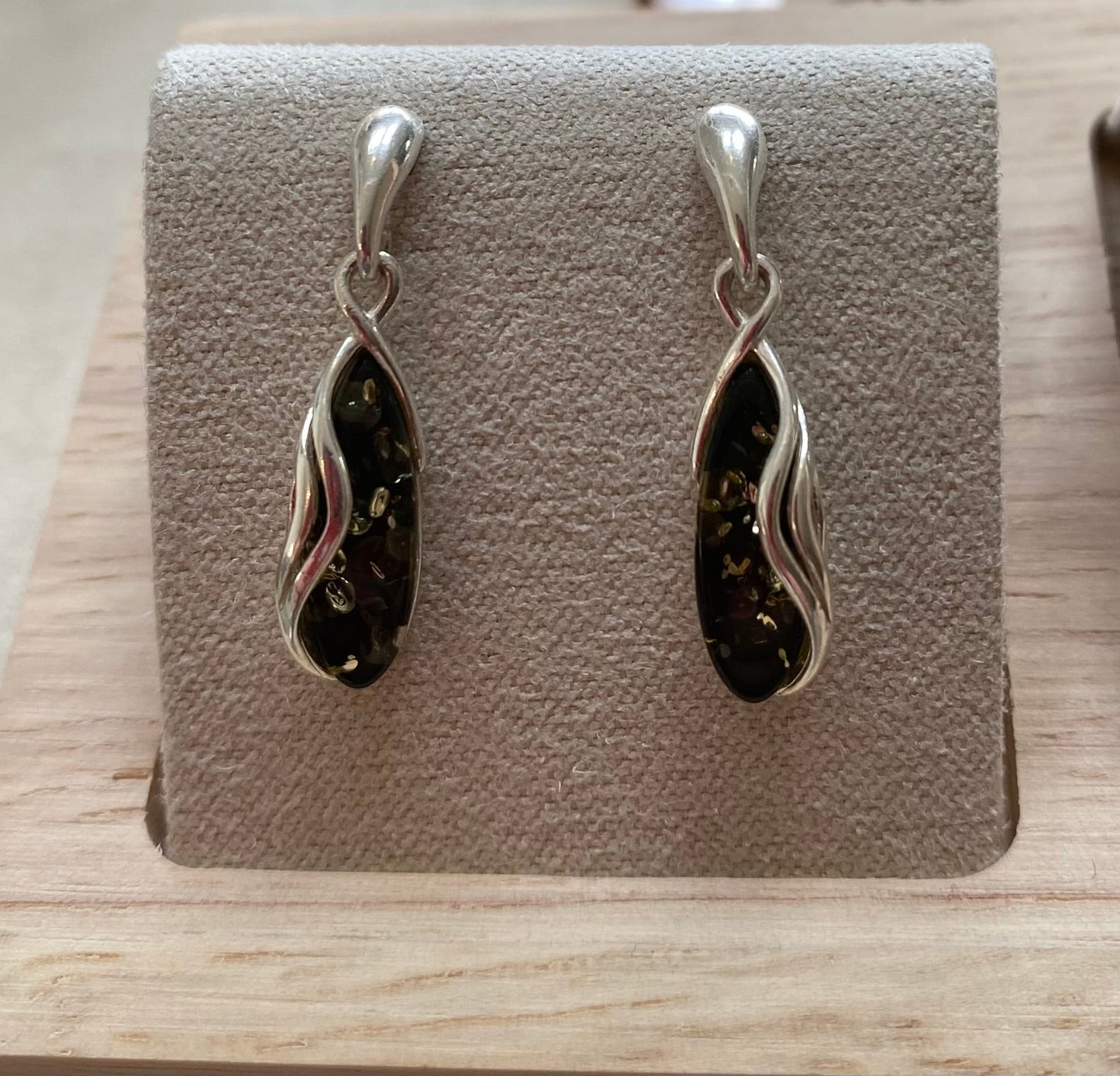 Drop Stud Earrings in Sterling Silver and Green Baltic Amber - Louise's Jewellery Box