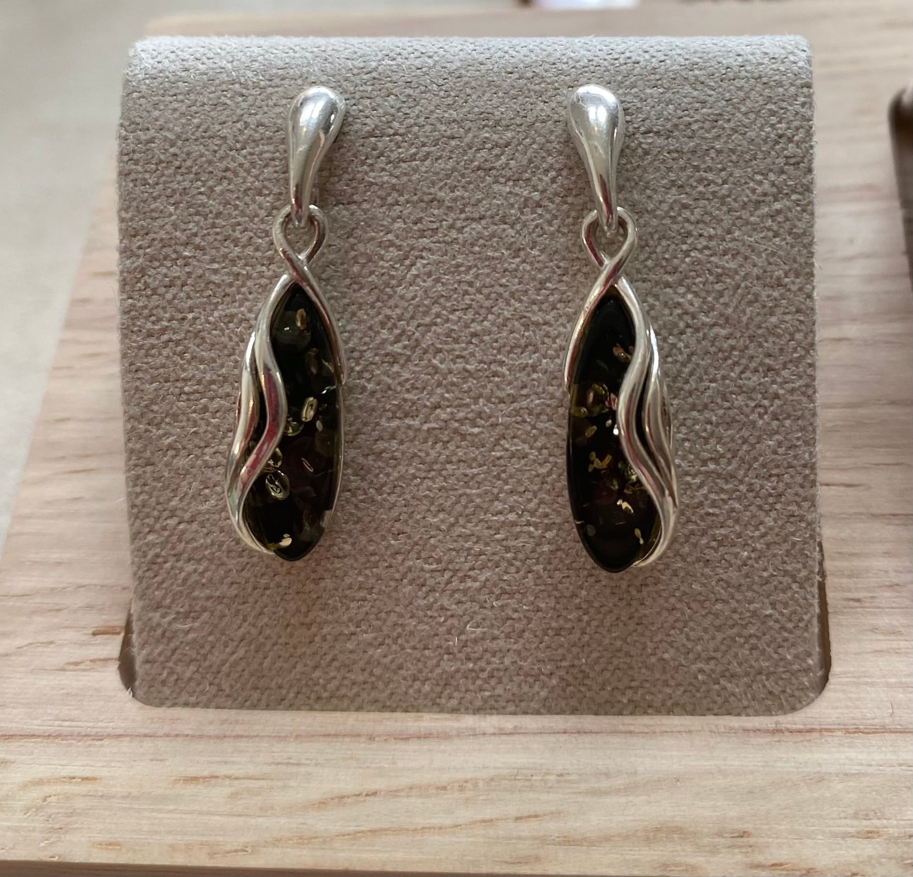 Drop Stud Earrings in Sterling Silver and Green Baltic Amber - Louise's Jewellery Box