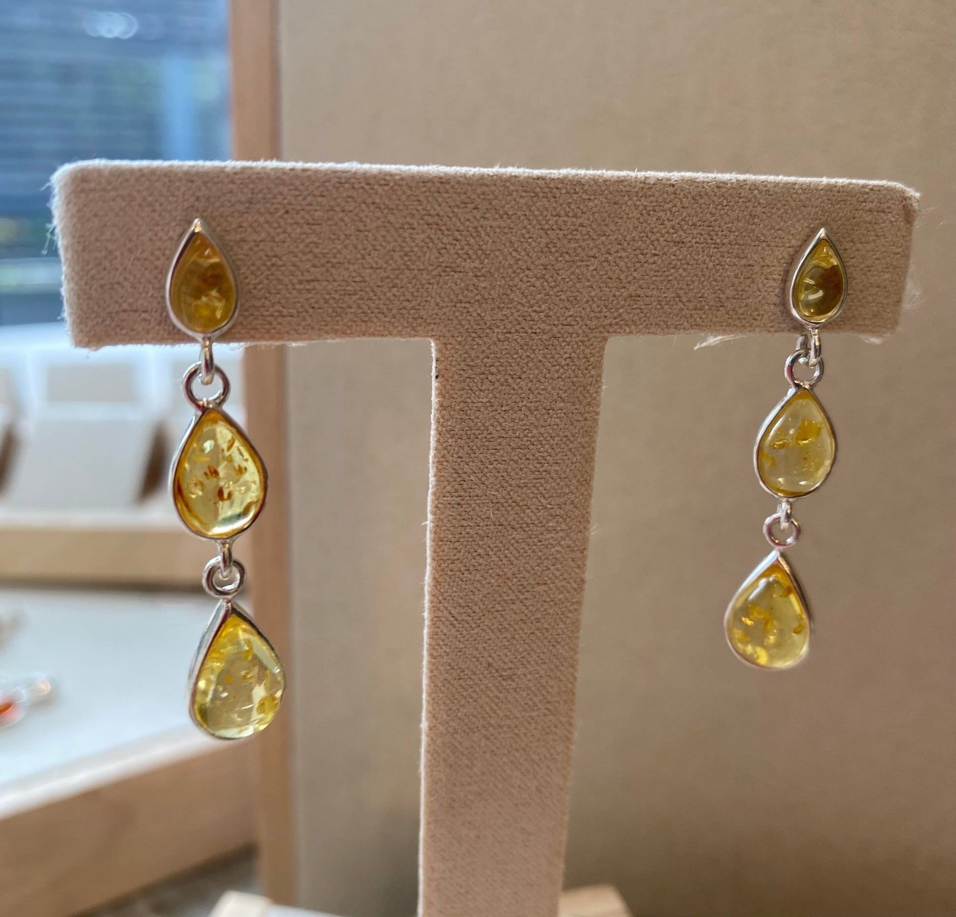 Drop Stud Earrings in Sterling Silver and Lemon Baltic Amber Teardrops - Louise's Jewellery Box