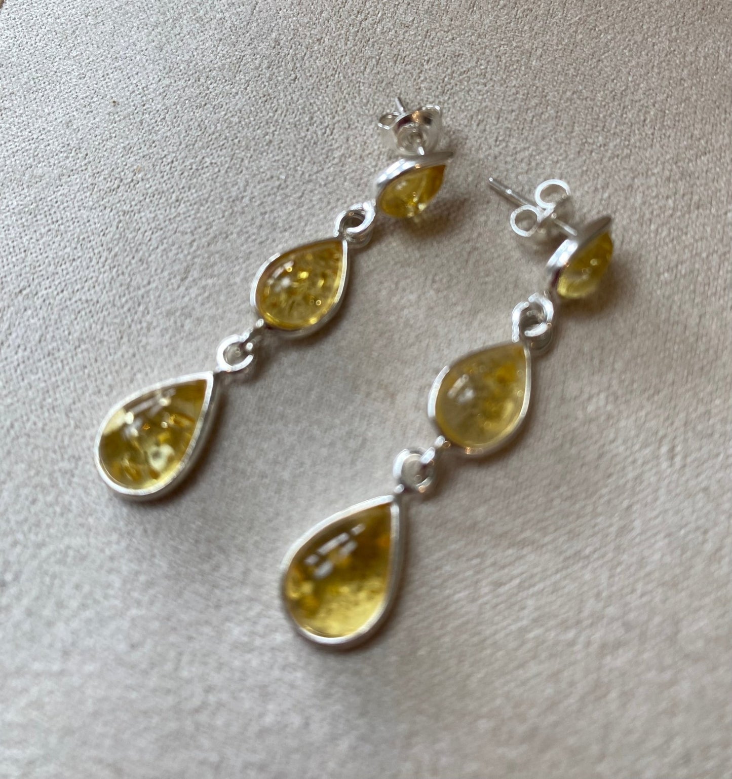 Drop Stud Earrings in Sterling Silver and Lemon Baltic Amber Teardrops - Louise's Jewellery Box